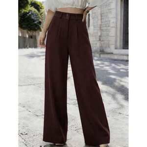 LUNE Women's Solid Color Waist Button Design Pleated Wide Leg Pants,All Sh